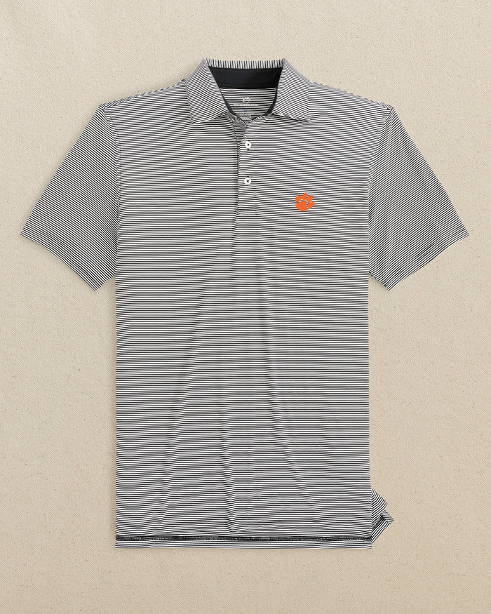 The front view of the Southern Tide Clemson Tigers brrr°®-eeze Meadowbrook Stripe Polo by Southern Tide - Caviar Black
