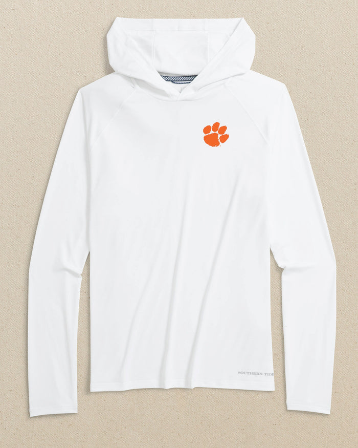 The front view of the Southern Tide Clemson Tigers brrr°®-illiant Performance Hoodie by Southern Tide - Classic White