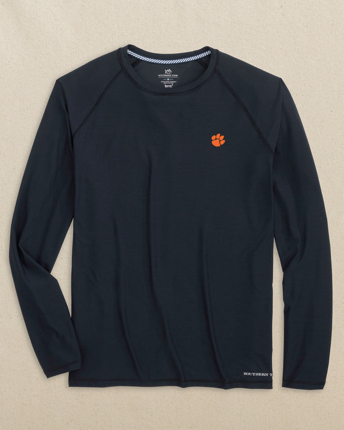 The front view of the Southern Tide Clemson Tigers brrr°®-illiant Performance Long Sleeve T-Shirt by Southern Tide - Caviar Black