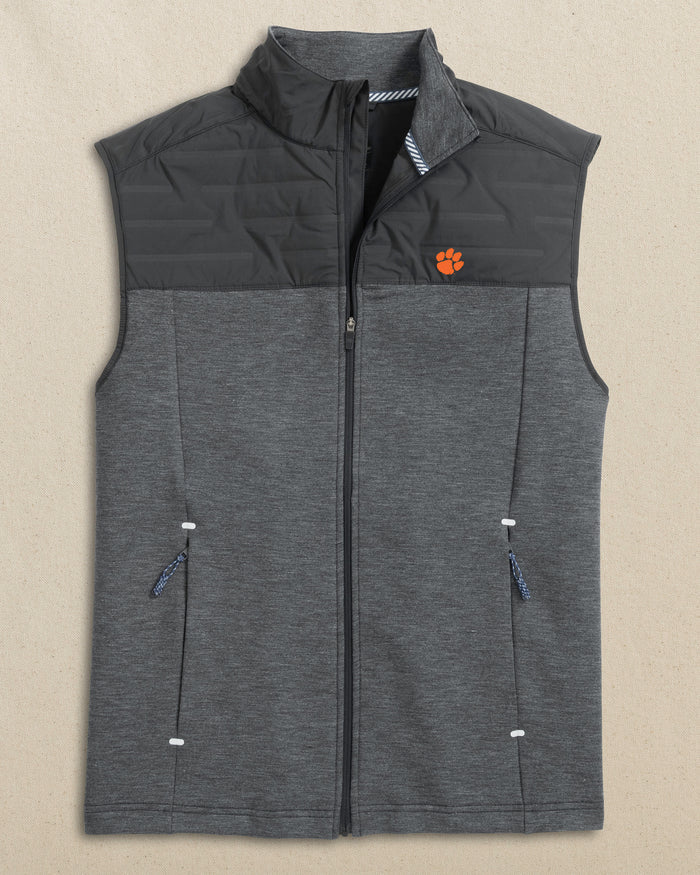 The front view of the Southern Tide Clemson Tigers Coligny Quilted Vest by Southern Tide - Caviar Black