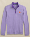 The front view of the Southern Tide Clemson Tigers Cruiser Micro-Stripe Heather Quarter Zip by Southern Tide - Heather Regal Purple