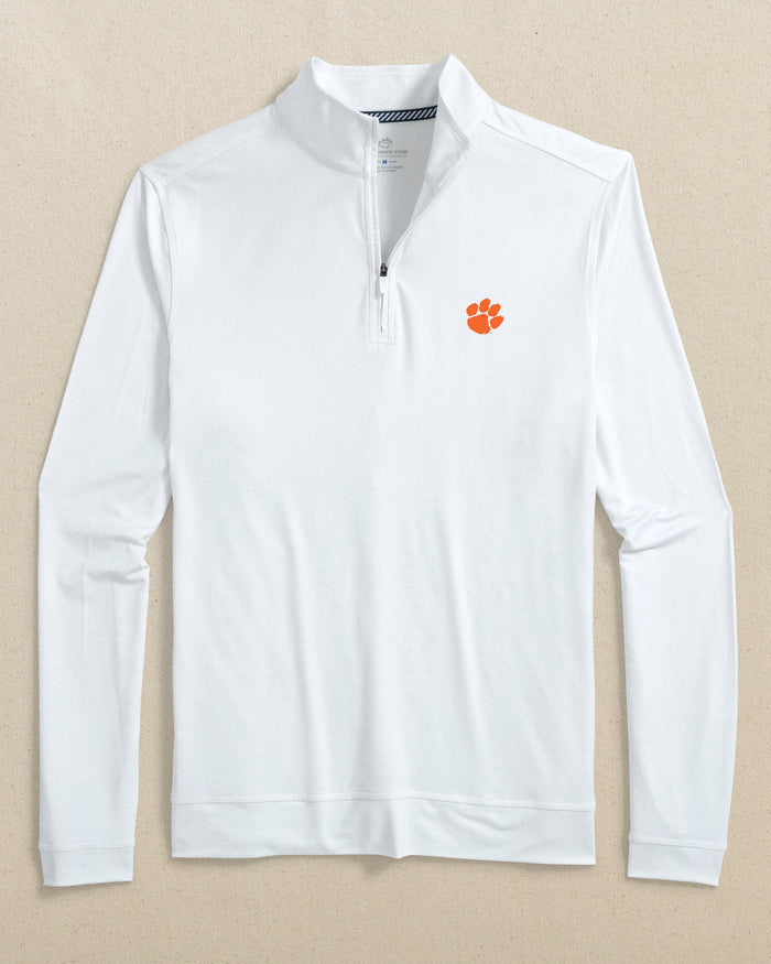 The front view of the Southern Tide Clemson Tigers Cruiser ST Geo Printed Quarter Zip by Southern Tide - Classic White