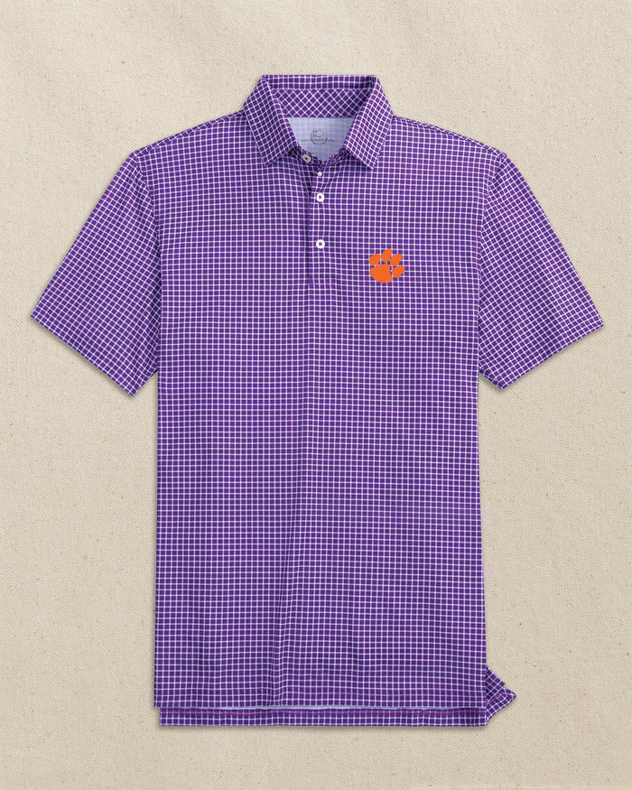 The front view of the Southern Tide Clemson Tigers Driver Dunes Edge Plaid Polo by Southern Tide - Regal Purple