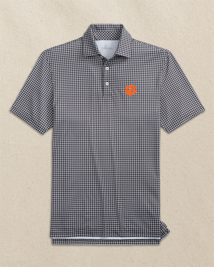 The front view of the Southern Tide Clemson Tigers Driver Dunes Edge Plaid Polo by Southern Tide - Black
