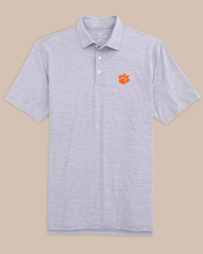 The front view of the Clemson Tigers Driver Spacedye Polo Shirt by Southern Tide - Regal Purple