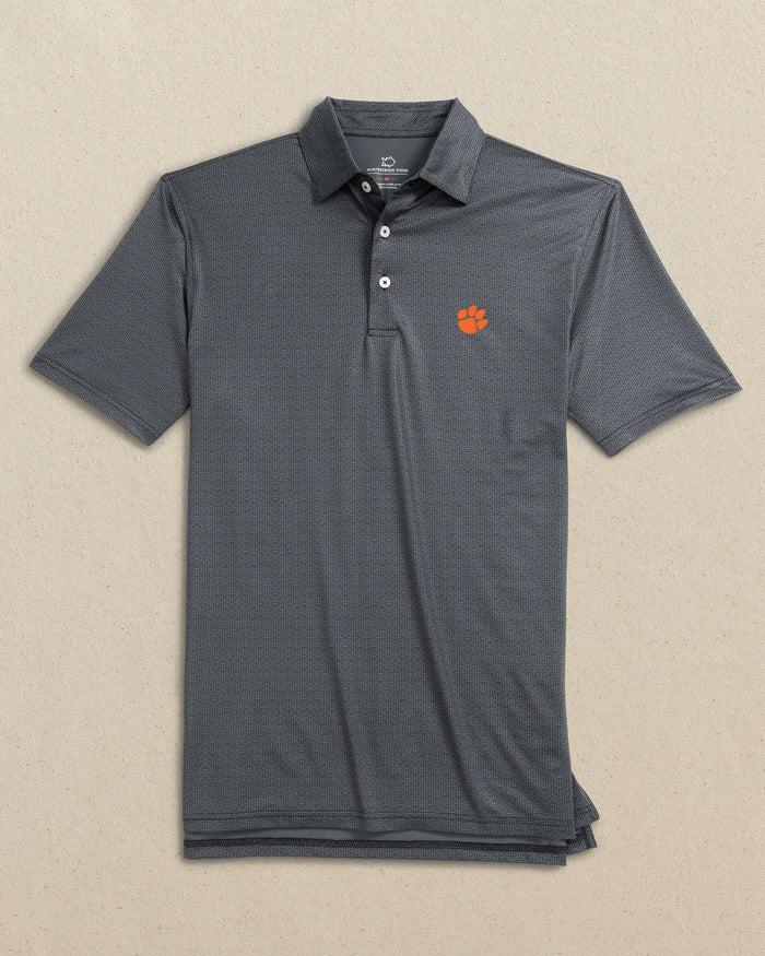 The front view of the Southern Tide Clemson Tigers Driver ST Geo Printed Polo by Southern Tide - Caviar Black
