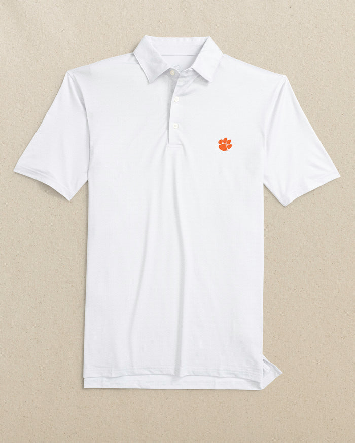 The front view of the Southern Tide Clemson Tigers Driver ST Geo Printed Polo by Southern Tide - Classic White