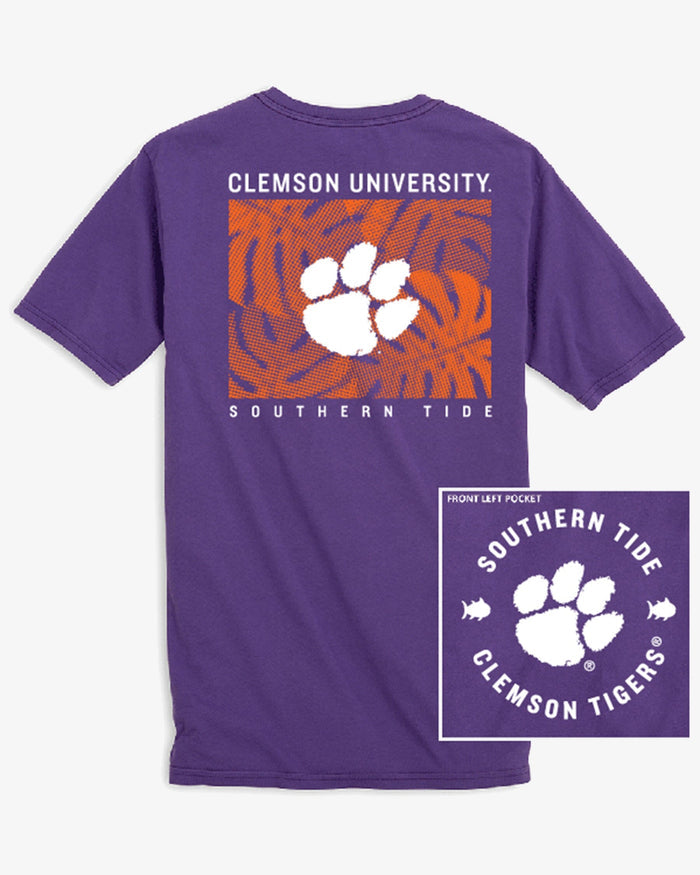 The back view of the Clemson Tigers Halftone Monstera T-Shirt by Southern Tide - Regal Purple