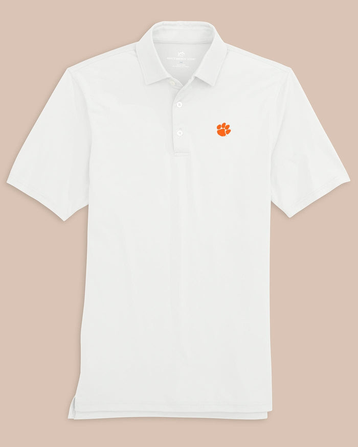 The front view of the Clemson Tigers Ryder Polo Shirt by Southern Tide - Classic White