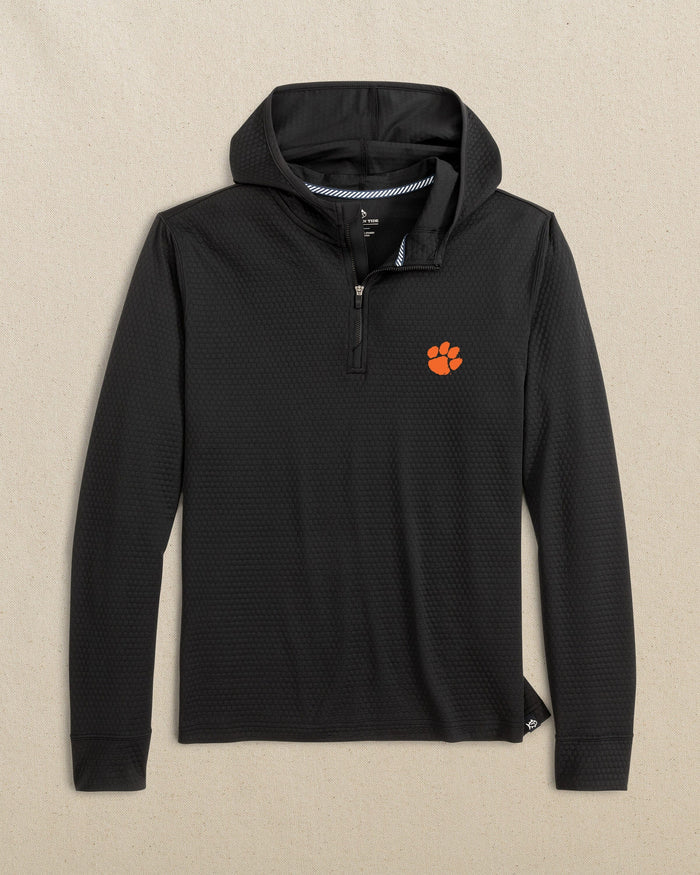 The front view of the Clemson Tigers Scuttle Heather Performance Quarter Zip Hoodie by Southern Tide - Caviar Black