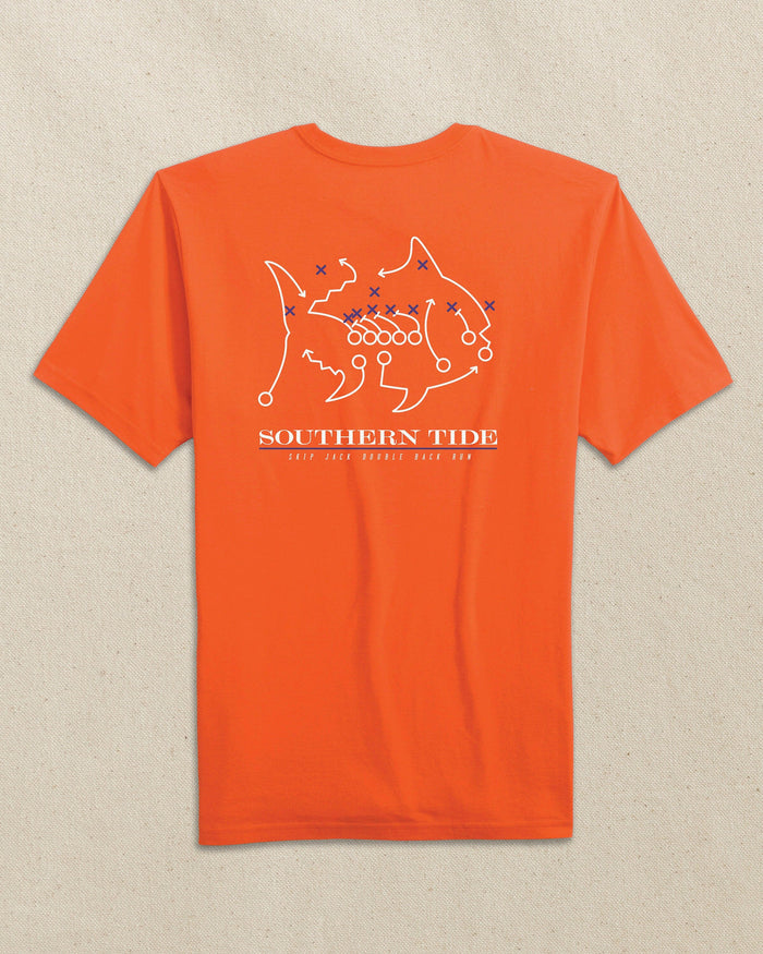The back view of the Southern Tide Clemson Tigers Skipjack Play Short Sleeve T-Shirt by Southern Tide - Endzone Orange and Regal Purple