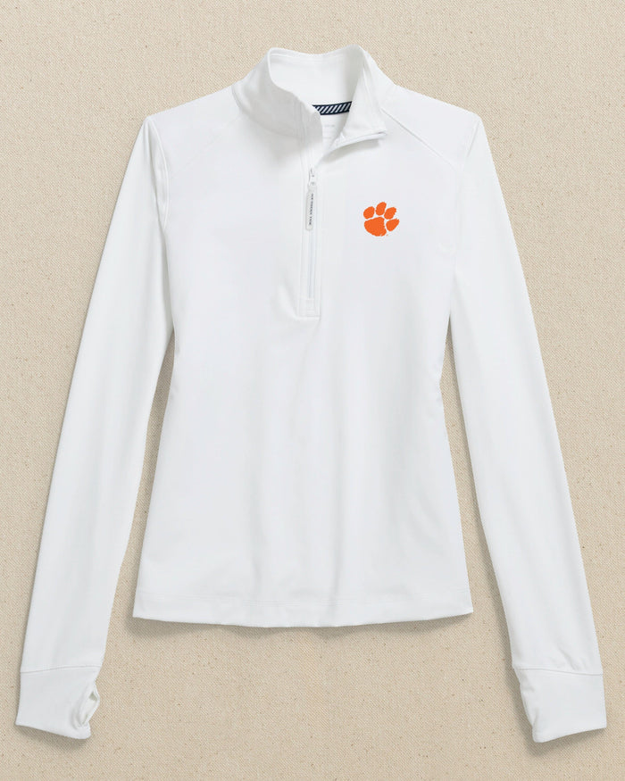 The front view of the Southern Tide Clemson Tigers Women's Runaround Quarter Zip by Southern Tide - Classic White