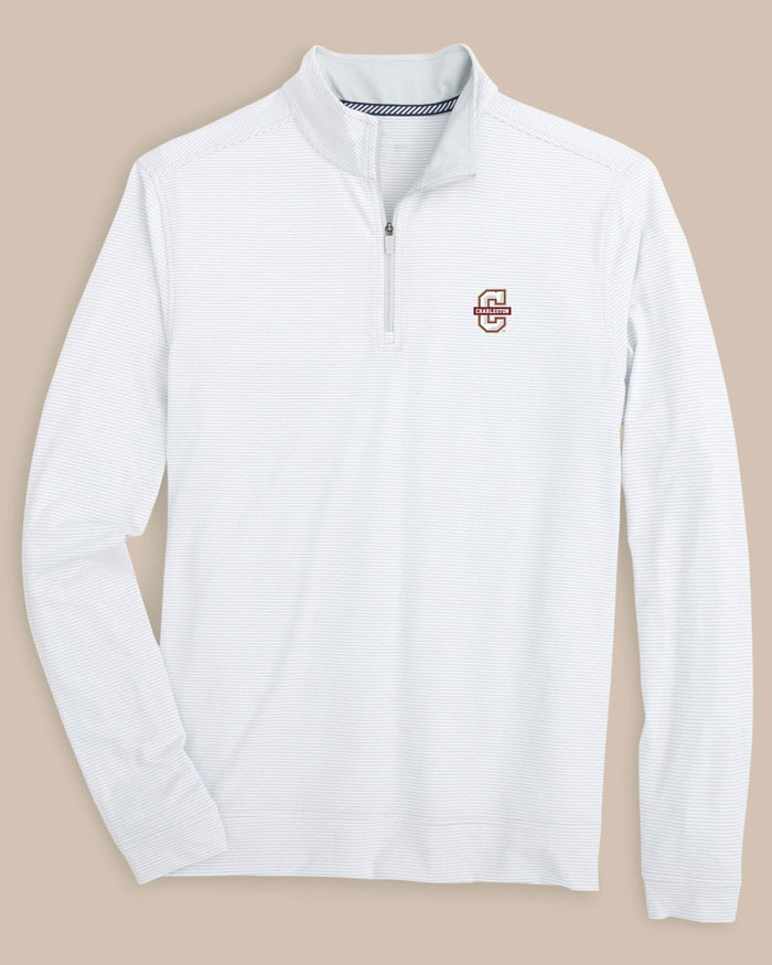 The front view of the College of Charleston Cougars Cruiser Micro-Stripe Heather Quarter Zip by Southern Tide - Heather Slate Grey