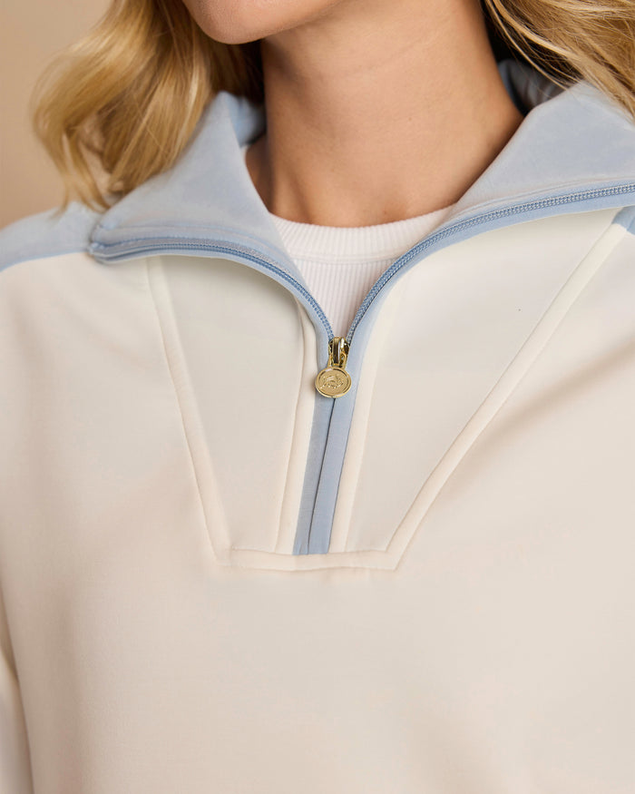 The detail view of the Southern Tide Colorblock Lounge Quarter Zip by Southern Tide - Star White
