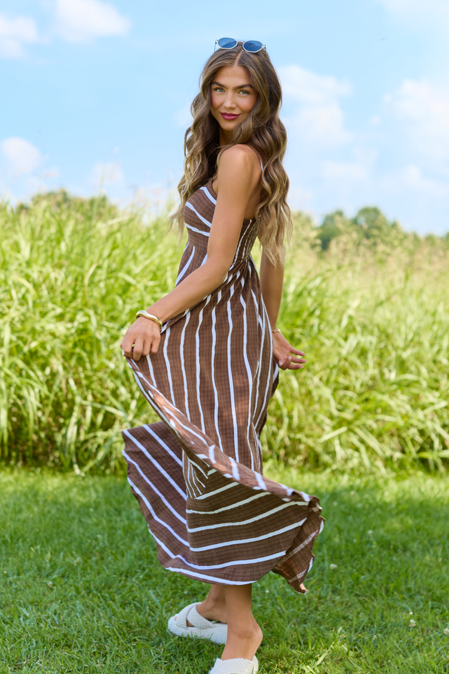 Come Sail Away Brown Striped Maxi Dress