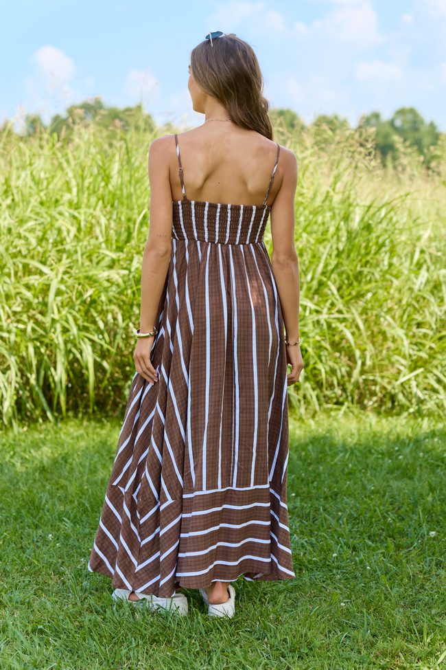 Come Sail Away Brown Striped Maxi Dress