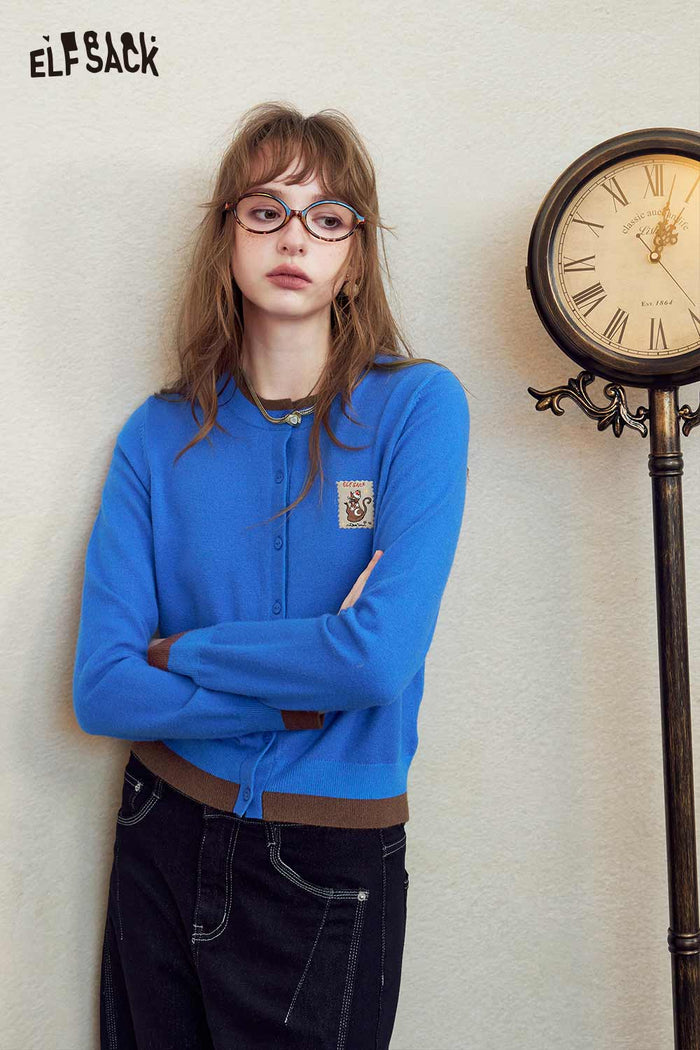 Contrast Trim Squirrel Graphic Knit Cardigan