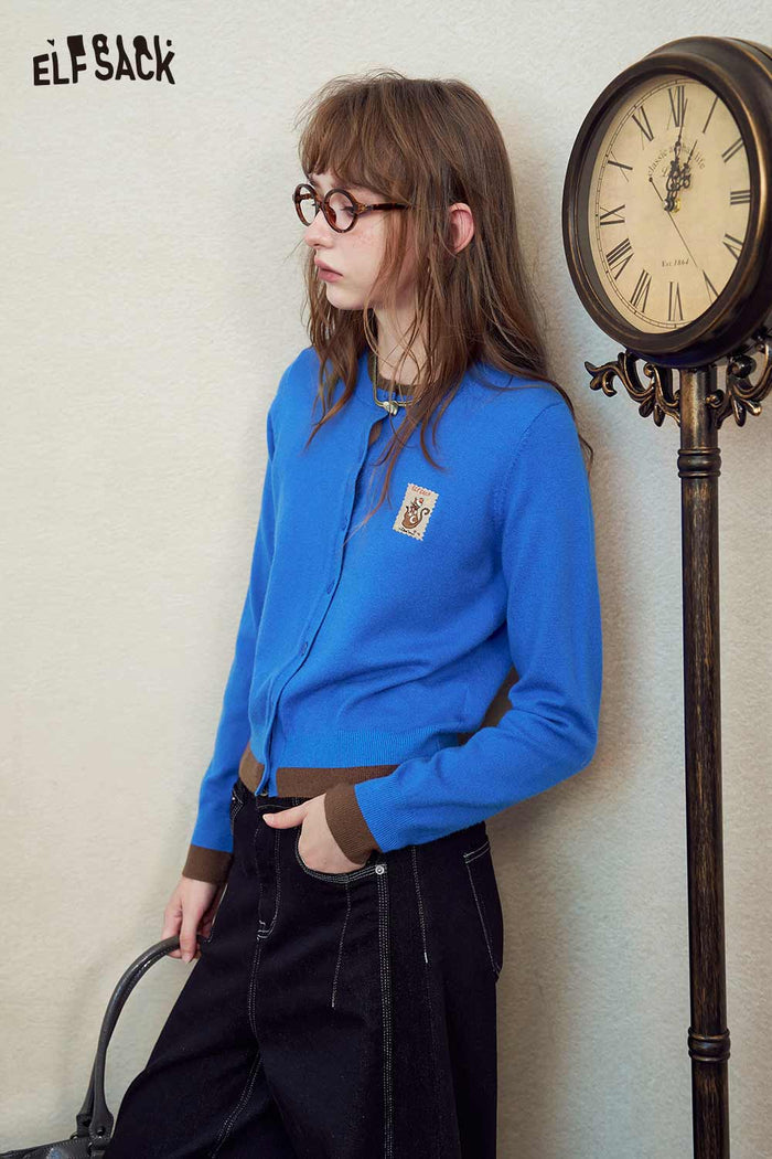 Contrast Trim Squirrel Graphic Knit Cardigan