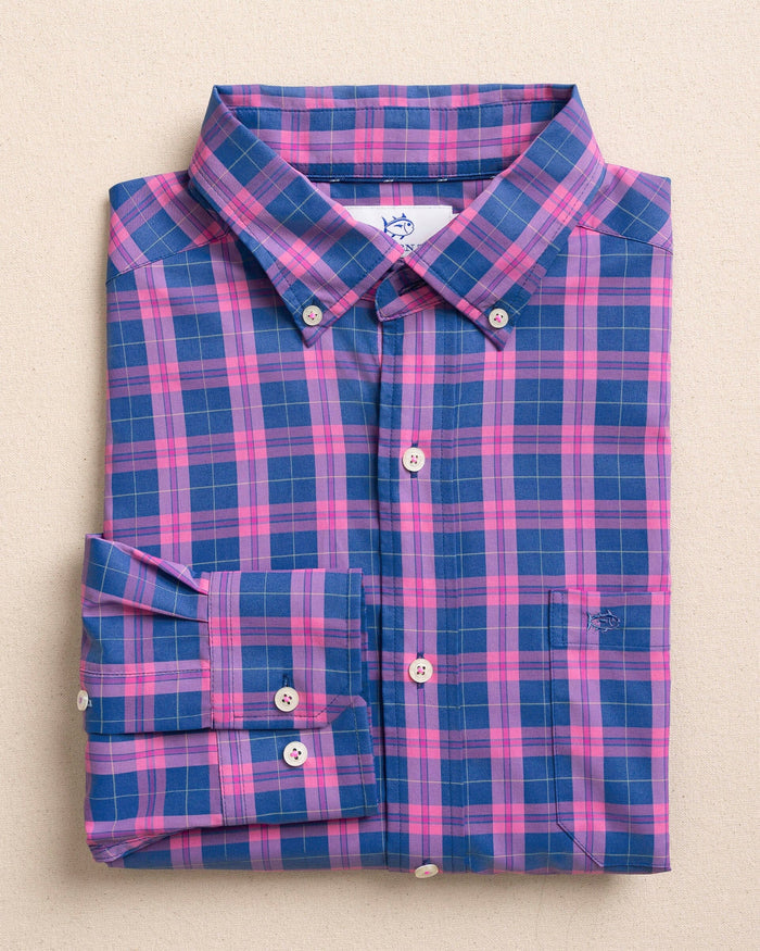 The front view of the Southern Tide Coral Sands Coastal Breeze® Sport Shirt by Southern Tide - Azalea Pink