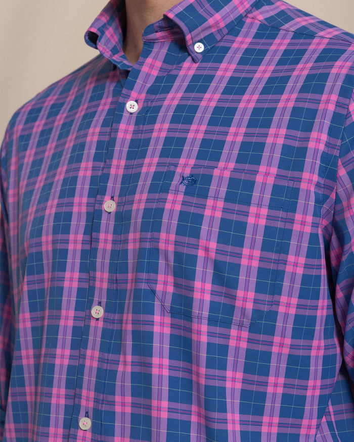 The detail view of the Southern Tide Coral Sands Coastal Breeze® Sport Shirt by Southern Tide - Azalea Pink