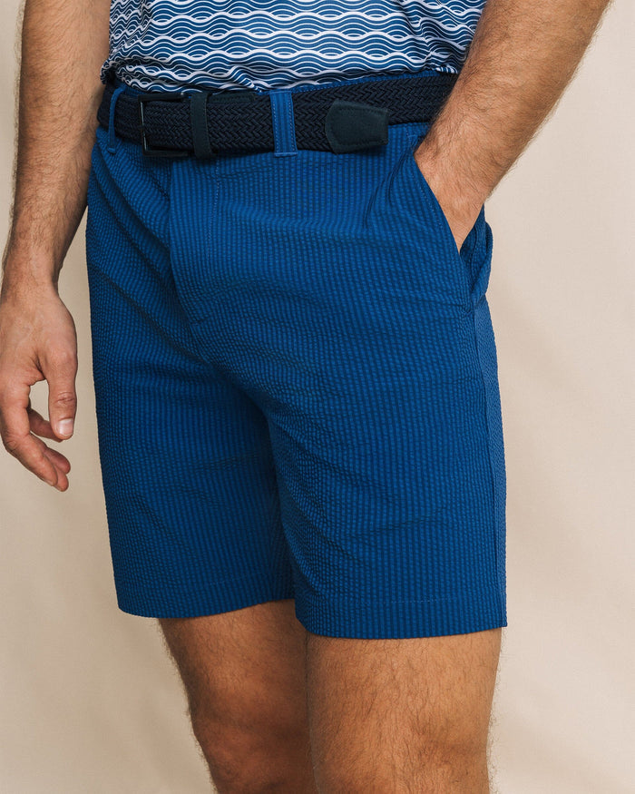 The detail view of the Southern Tide Coral Vista Seersucker 8" Coastal Breeze® Performance Short in Nautical Blue by Southern Tide - Nautical Blue
