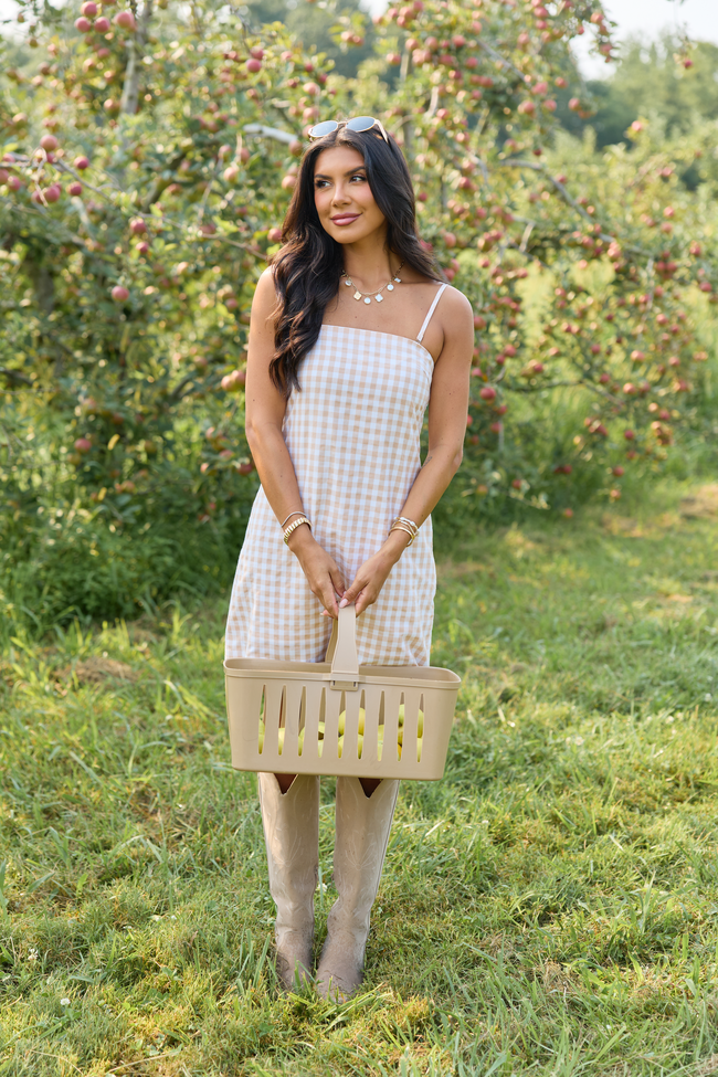 Coralie Taupe Gingham Romper Dress