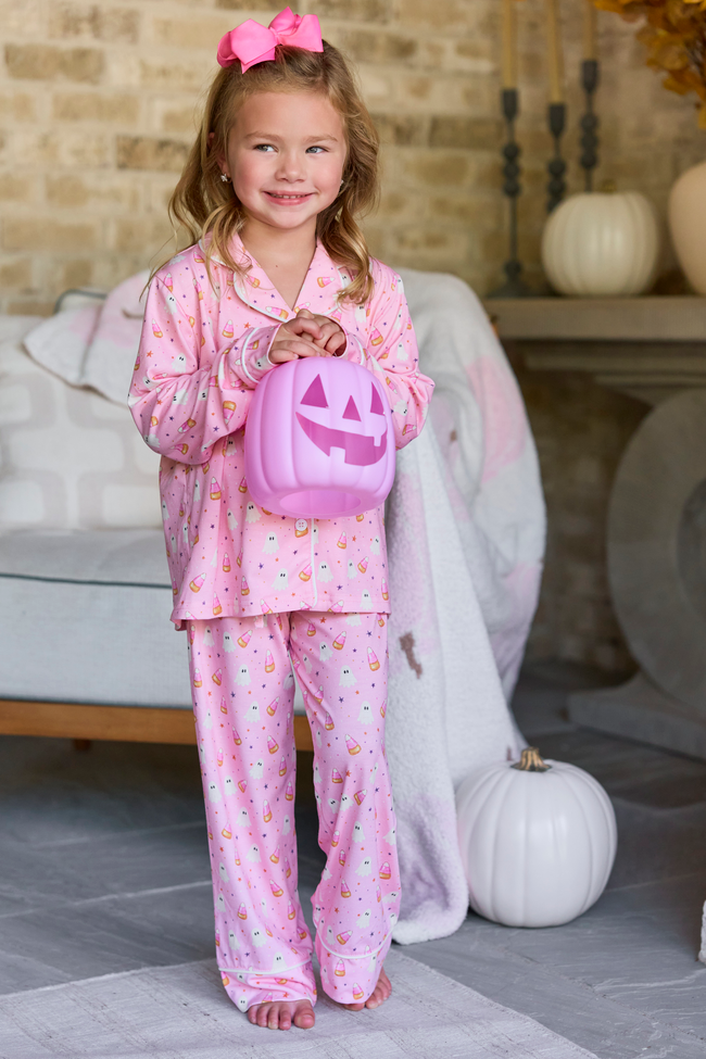 Cozy Crush Kids Lightweight Oversized Long Sleeve Pajama Top & Pants Set - Halloween Candy Corn and Ghosts Print
