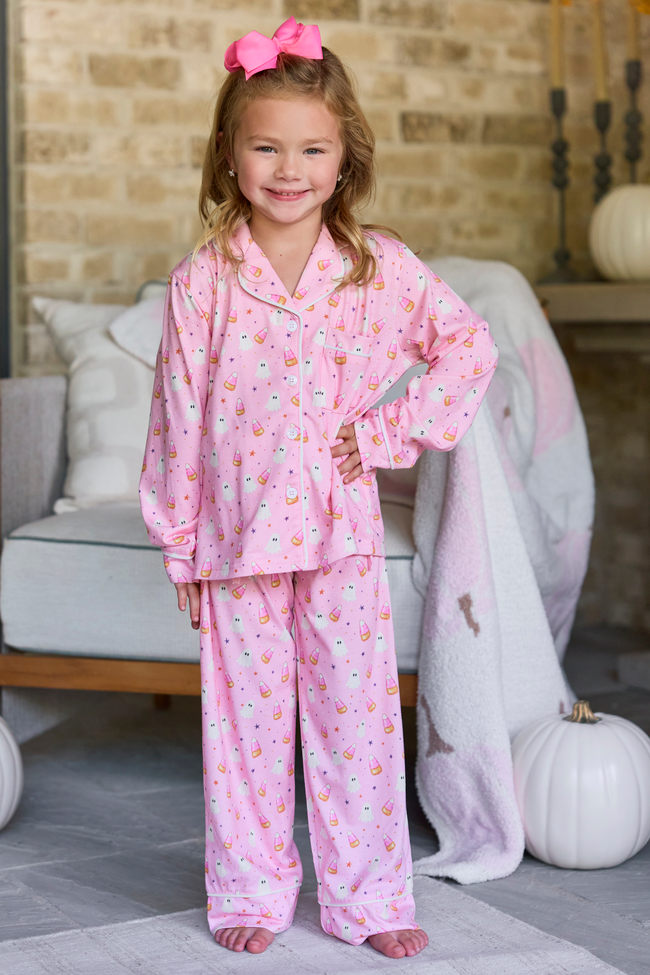 Cozy Crush Kids Lightweight Oversized Long Sleeve Pajama Top & Pants Set - Halloween Candy Corn and Ghosts Print