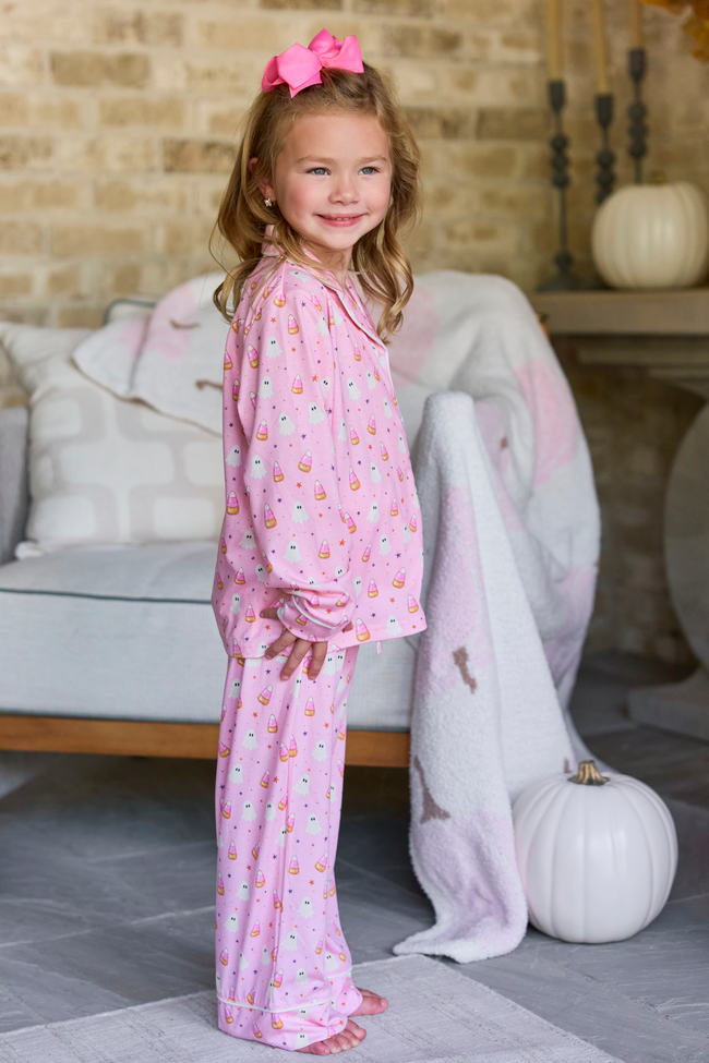 Cozy Crush Kids Lightweight Oversized Long Sleeve Pajama Top & Pants Set - Halloween Candy Corn and Ghosts Print