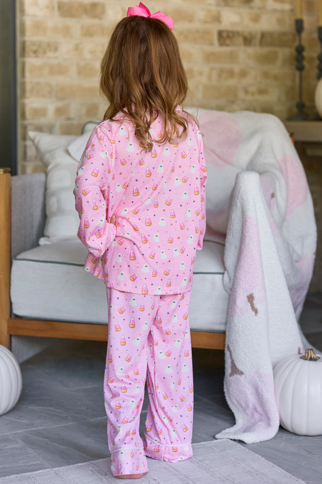 Cozy Crush Kids Lightweight Oversized Long Sleeve Pajama Top & Pants Set - Halloween Candy Corn and Ghosts Print