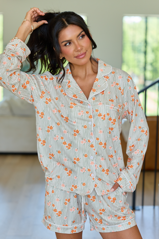 Cozy Crush Lightweight Long Sleeve Pajama Top - Green Stripe Floral