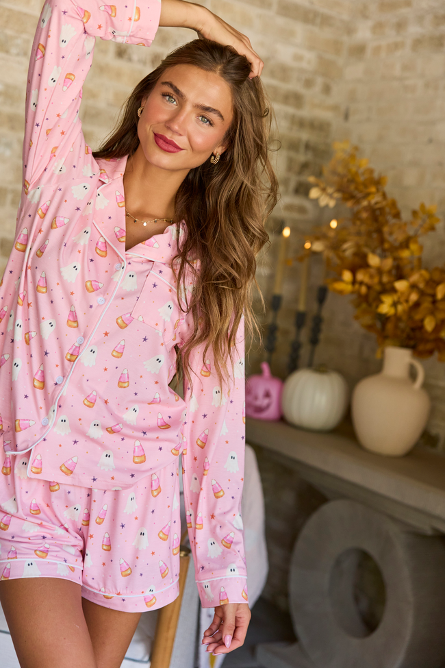 Cozy Crush Lightweight Long Sleeve Pajama Top - Halloween Candy Corn and Ghosts Print