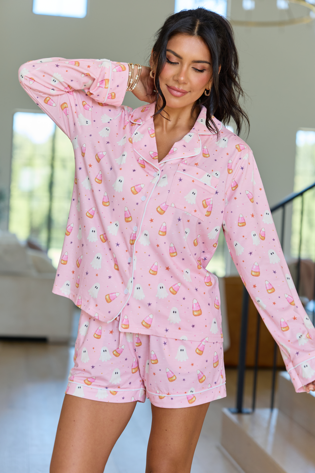 Cozy Crush Lightweight Long Sleeve Pajama Top - Halloween Candy Corn and Ghosts Print
