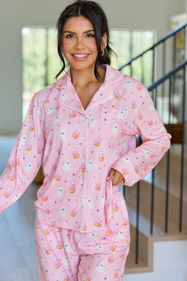 Cozy Crush Lightweight Long Sleeve Pajama Top - Halloween Candy Corn and Ghosts Print