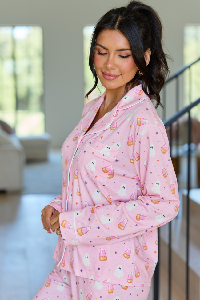 Cozy Crush Lightweight Long Sleeve Pajama Top - Halloween Candy Corn and Ghosts Print