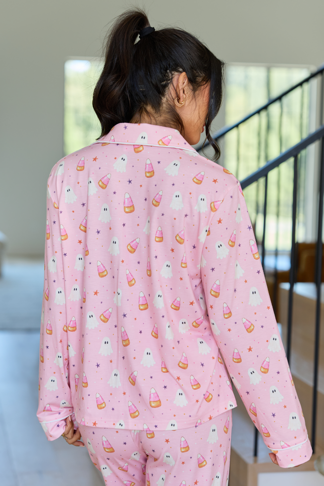 Cozy Crush Lightweight Long Sleeve Pajama Top - Halloween Candy Corn and Ghosts Print