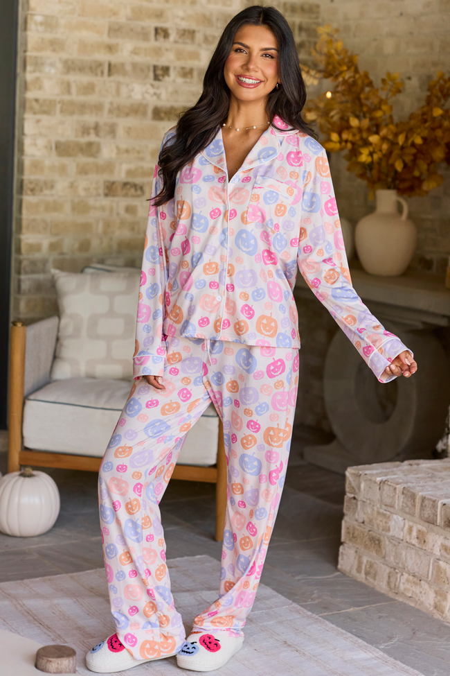 Cozy Crush Lightweight Long Sleeve Pajama Top - Halloween Jack-O-Lantern Print