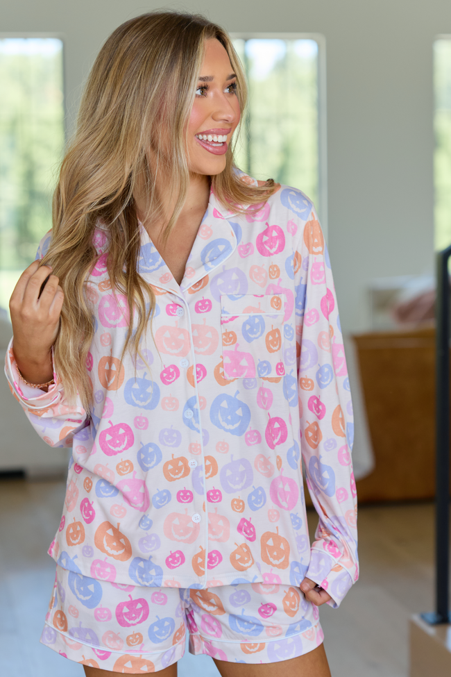 Cozy Crush Lightweight Long Sleeve Pajama Top - Halloween Jack-O-Lantern Print