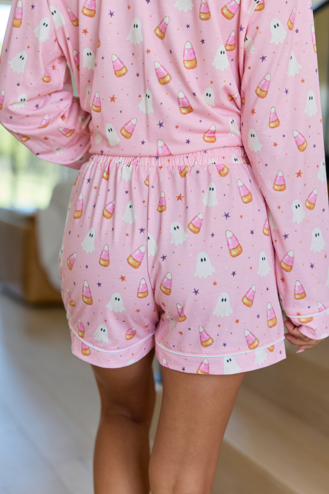 Cozy Crush Lightweight Pajama Shorts - Halloween Candy Corn and Ghosts Print