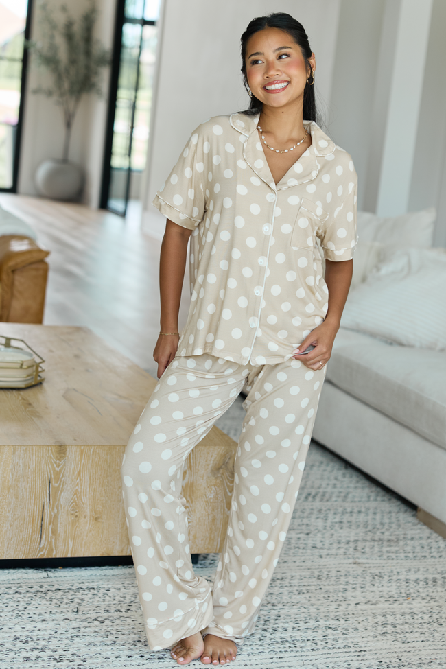 Cozy Crush Pajama Pants - Taupe Polka Dot