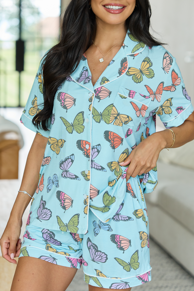 Cozy Crush Short Sleeve Pajama Top - Blue Butterfly