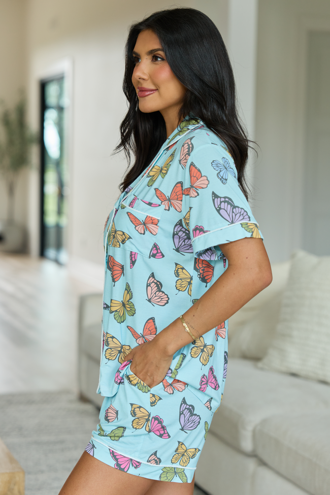 Cozy Crush Short Sleeve Pajama Top - Blue Butterfly