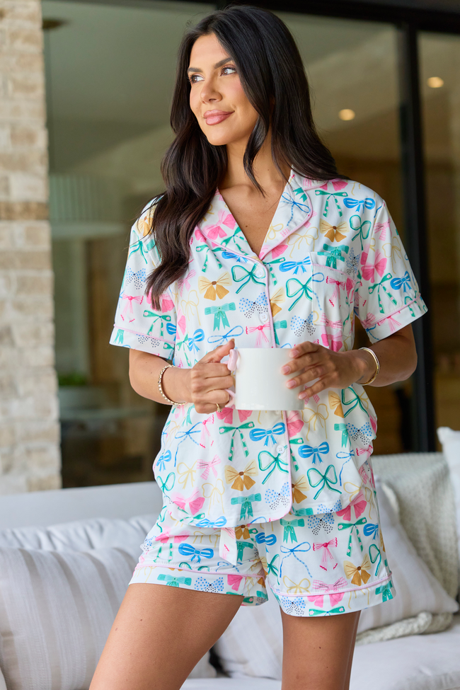 Cozy Crush Short Sleeve Pajama Top - Multi Pastel Bow