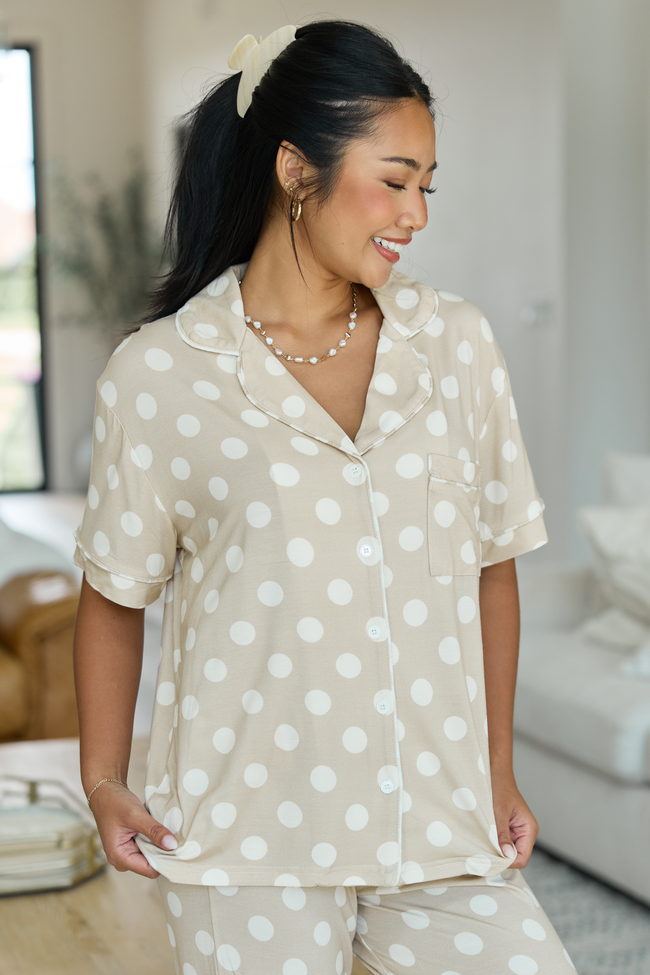 Cozy Crush Short Sleeve Pajama Top - Taupe Polka Dot