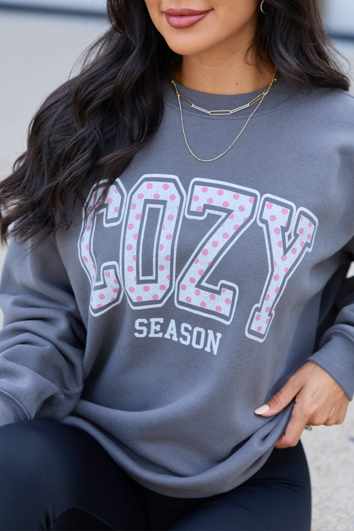 Cozy Season Polka Dot Dark Grey Graphic Sweatshirt