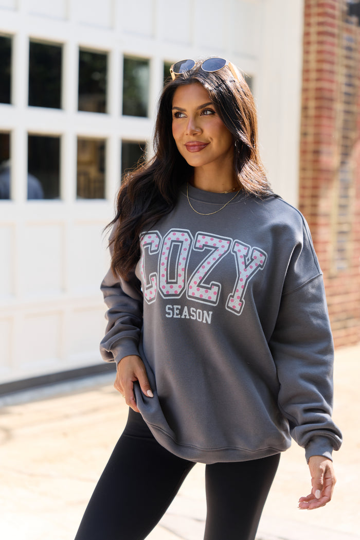 Cozy Season Polka Dot Dark Grey Graphic Sweatshirt