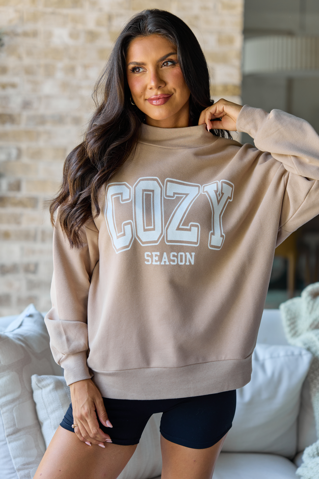 Cozy Season Taupe Graphic Mock Neck Sweatshirt