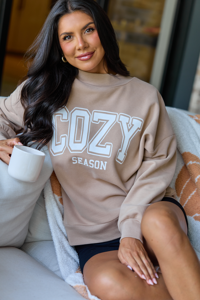 Cozy Season Taupe Graphic Mock Neck Sweatshirt