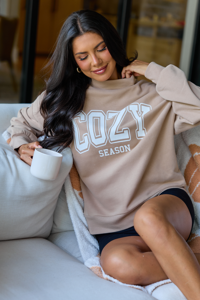 Cozy Season Taupe Graphic Mock Neck Sweatshirt