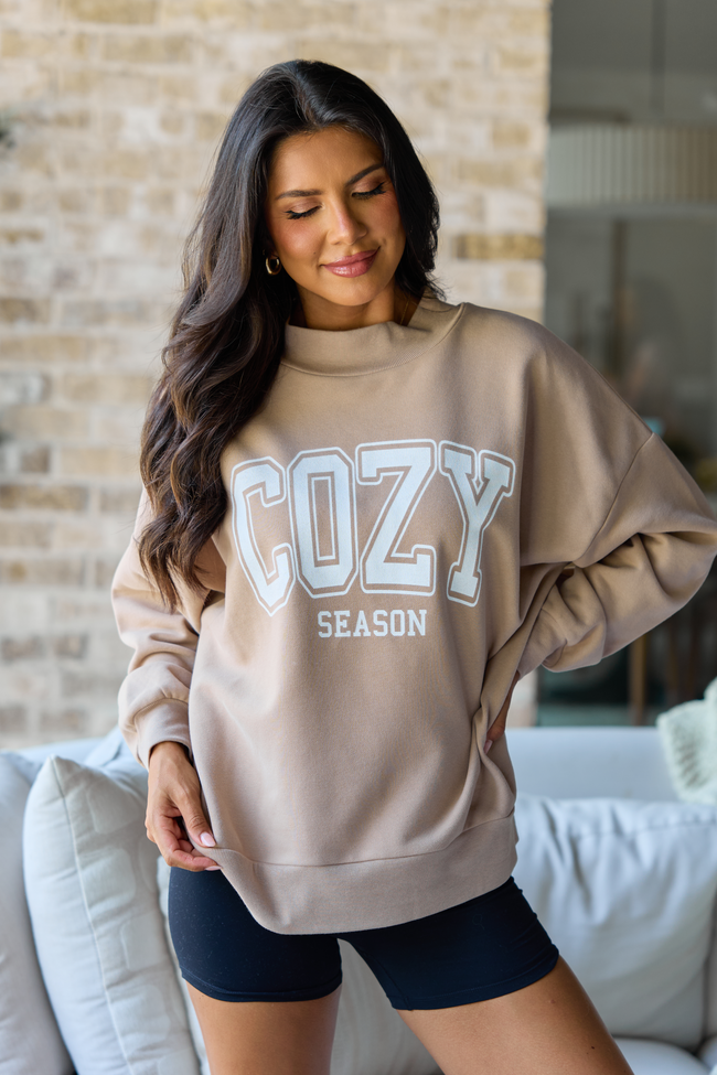 Cozy Season Taupe Graphic Mock Neck Sweatshirt